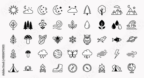 Collection of Nature and Outdoor Themed Icons representing Elements like Sun Moon Trees Flowers Animals and Weather