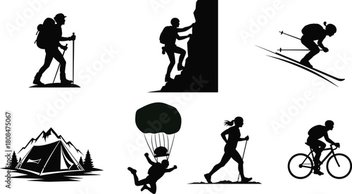 Illustration of this vector illustration showcases a collection of outdoor activities, including hiking, rock climbing, skiing, camping, skydiving, running, and cycling isolated on