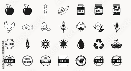 Collection of organic food icons healthy natural vegan fresh symbols for labels and packaging design