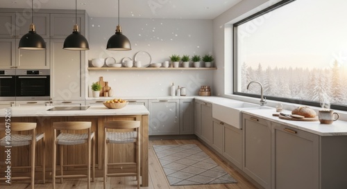 Fototapeta Naklejka Na Ścianę i Meble -  3d render Cozy kitchen interior, Scandinavian style, panoramic background