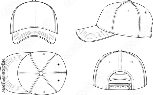 Illustration of baseball cap technical drawing isolated on front, side, top, and back views of a blank cap vector illustration of a cap template for design