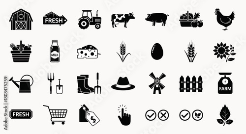 Diverse Collection of Farm and Agriculture Icons Representing Rural Life, Harvest, and Countryside Products