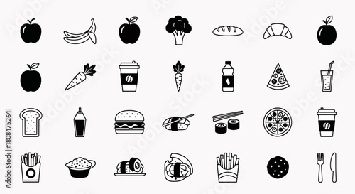 Diverse Food Icons Set Apple Banana Broccoli Bread Croissant Coffee Pizza Burger Sushi Fries Cookie Utensils