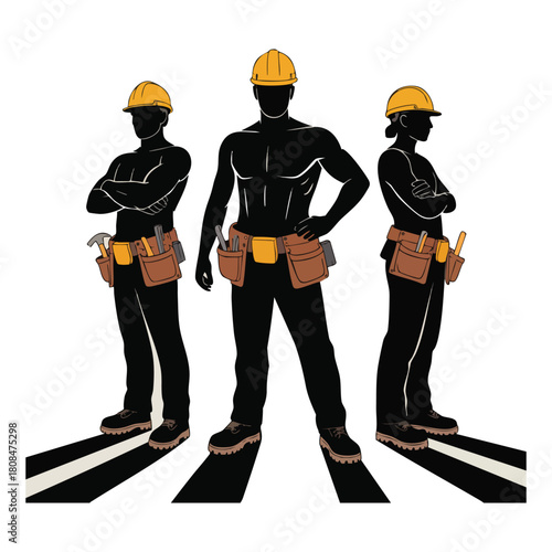 Three construction workers in hard hats and tool belts standing with arms crossed builder