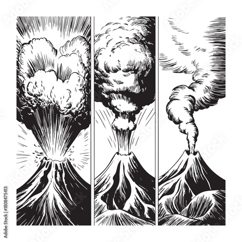 Three panel comic style illustration of a volcano erupting with smoke and ash eruption