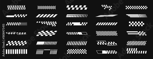 Racing checkered line vector set with dynamic stripes and speed motion effects. White diagonal race flag patterns on a black background for automotive and sports graphics. Perfect for car decals, 