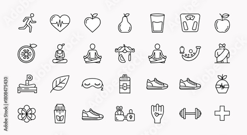 Healthy lifestyle icons set, representing fitness running, meditation, healthy food, and wellness activities for a balanced life