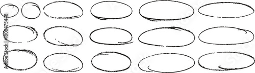 Hand-drawn sketch circles set with rough textured outlines and marker-style strokes. Oval and round highlight shapes for notes, emphasis, and annotation design. Ideal for planners, digital journaling,