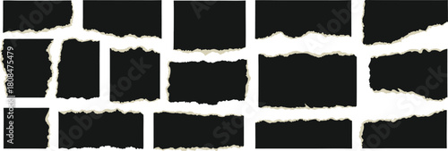 Torn paper edge frames set with ripped, rough, and uneven textured borders on a white background. Black fill centers creating cutout placeholders for photos, text, and collage design. Ideal 