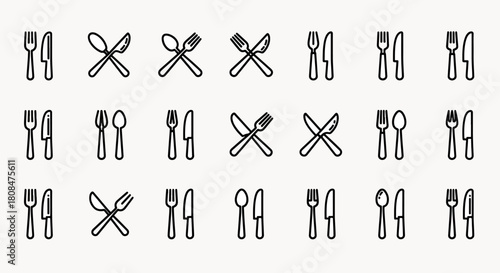 Set of Vector Icons Representing Various Cutlery Combinations Including Forks Knives and Spoons for Dining and Kitchen Use