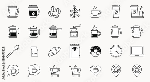 Collection of Coffee Icons and Symbols Featuring Cups, Beans, Grinders, Kettles, and Desserts