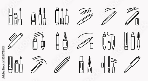 Collection of cosmetic icons for makeup and beauty products like mascara, eyeliner, and lip gloss, vector art