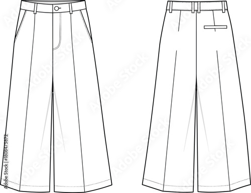 Illustration of technical drawing of culottes isolated on showcasing front and back views, ideal for fashion design, pattern making, and garment construction