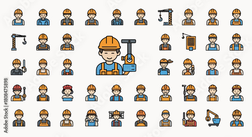 Collection of Diverse Construction Worker Icons with Tools and Equipment Celebrating Diverse Roles in the Industry