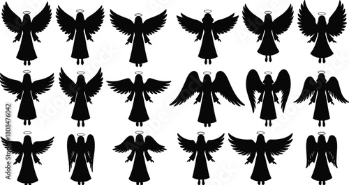 Angel silhouette vector set, religious wings collection, holy christmas icons, guardian spirit illustration, heaven symbol, divine messenger design