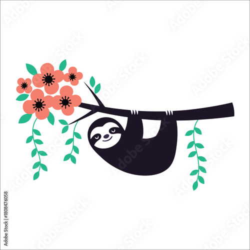 Cute sloth hanging from a tree branch with flowers animal