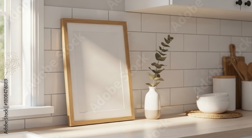 Fototapeta Naklejka Na Ścianę i Meble -  3d render Frame light kitchen interior, Scandinavian