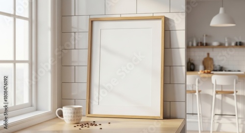 Fototapeta Naklejka Na Ścianę i Meble -  3d render Frame light kitchen interior, Scandinavian