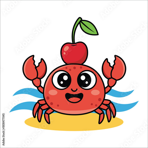 Cute Cartoon Crab with Cherry on Head on Beach kawaii