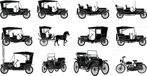 Illustration of a collection of vintage car silhouettes, showcasing the evolution of automobile design from horsedrawn carriages to early motorcycles, isolated on