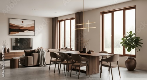 Fototapeta Naklejka Na Ścianę i Meble -  3d render modern brown interior with dining table