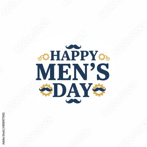 Happy Men's Day graphic with mustache and gears, celebrating masculinity and achievements