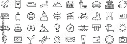 Travel and tourism line icon set – vacation, transportation, hotel, adventure and holiday symbols