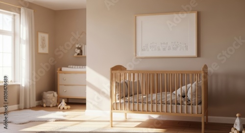 Fototapeta Naklejka Na Ścianę i Meble -  3d render frame in children room, light cozy interior with wooden crib