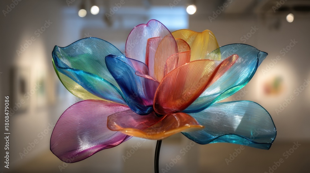 Fototapeta premium A colorful flower made of plastic is displayed in a room with white walls. The flower is made up of many different colors, including blue, green, red, and yellow
