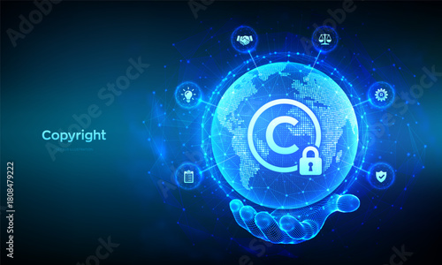Copyright. Patents and intellectual property protection law and rights. Protect business ideas, headhunter concept. World map globe made of points and lines. Abstract Earth planet in hand. Vector.