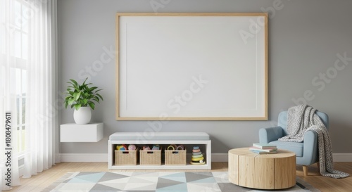 Fototapeta Naklejka Na Ścianę i Meble -  3d render frame in children room, Scandinavian style interior background