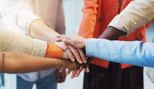People, diversity or meeting with hands together for unity, trust or mission in office. Group, employees or multiracial team with pile, stack or huddle for community inclusion, solidarity or cohesion