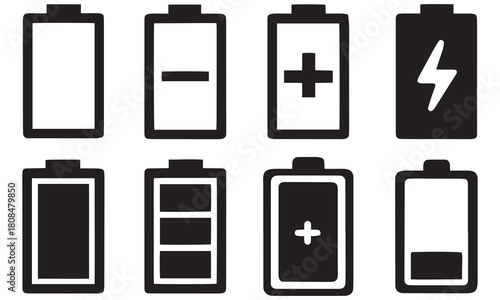 Battery Icons Set – Power, Energy, and Charging Symbol Collection