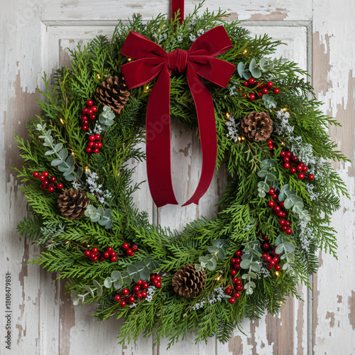 Traditional Christmas Wreath Decorated with Red Velvet Ribbon, Holly Berries, and Pinecones Hanging on a Rustic Distressed White Wooden Door for Holiday Decor