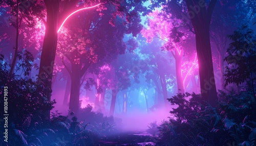 Wallpaper Mural Mystical Forest with Vibrant Neon Lights and Ethereal Fog. Torontodigital.ca