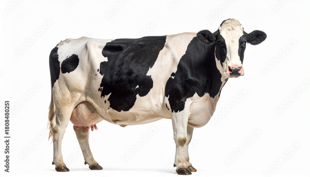 Obraz premium Side-view Holstein cow with black-white pattern on plain white background