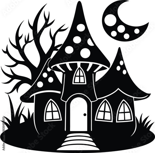 Vector illustration of a cartoon haunted house and tree under the night sky with a moon, perfect as a Halloween symbol or architectural icon