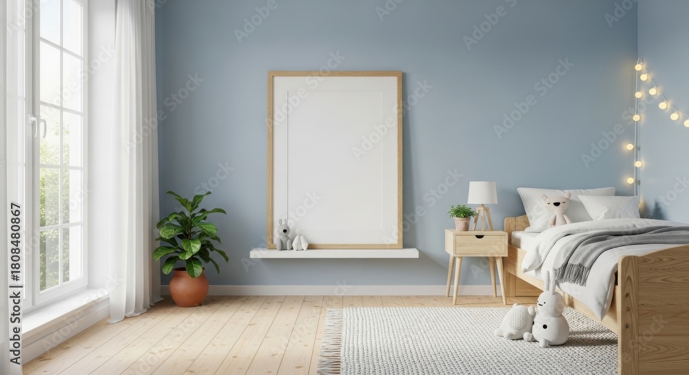 Fototapeta premium 3d render frame in children room, Scandinavian style interior background