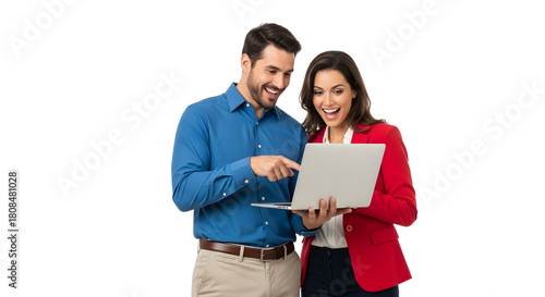 Happy couple looking at laptop screen with excitement and pointing together at new online information sharing digital content collaboration technology smiling broadly