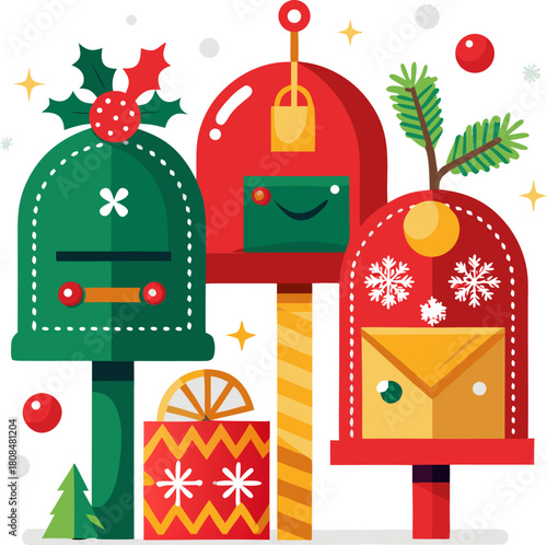 Christmas mailboxes decorated with traditional ornaments to delivery greeting card, wish list stock illustration ,white background