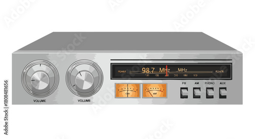Vintage Silver Stereo Receiver with Analog Tuning Display Isolated on White Background