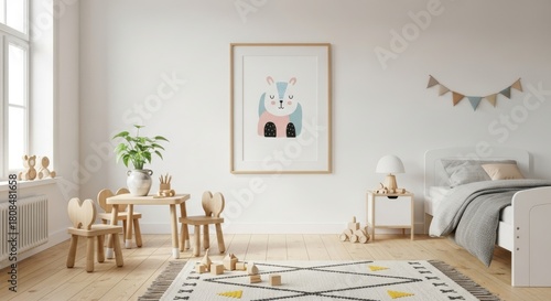 Fototapeta Naklejka Na Ścianę i Meble -  3d render frame in children room, Scandinavian style interior background