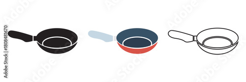 Frying Pan Icons for Kitchen and Cooking. Set of three frying pan icons in different styles, useful for kitchen graphics, cooking apps, recipes, and food-related design projects.

