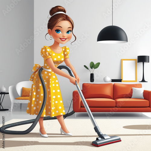 cartoon animation of a woman cleaning the house with a vacuum cleaner