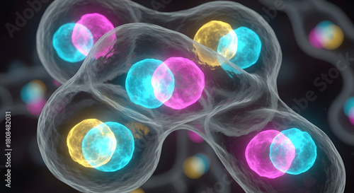 Cellular division process showcasing vibrant neon colors under a dark background