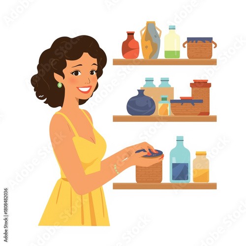 cartoon animation of woman cleaning home decorations