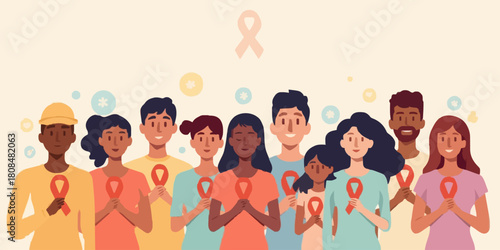 Community of diverse people raising awareness together with red ribbon healthcare symbol