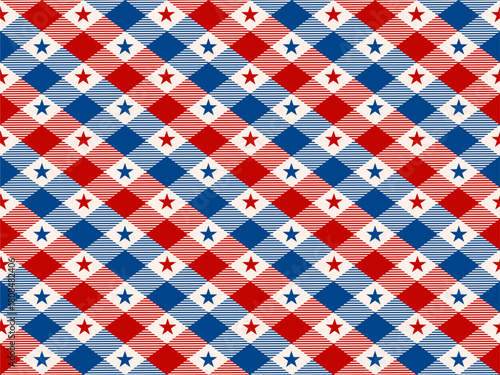 Red and blue argyle seamless pattern with clean diamond motifs, ideal for Americana themes, July 4th designs, fabrics, and modern geometric projects.