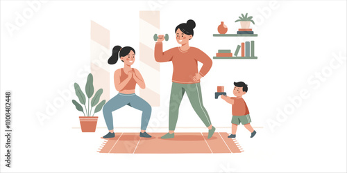 Young adult child and mature middle age old mum home workout body weight picking up dumbbell A bold yet minimalist composition with handcrafted textures, geometric forms, and clean color blocks