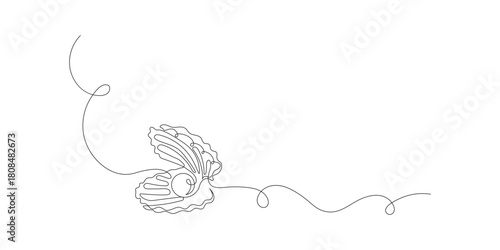 continuous line art drawing of an open oyster shell with a gleaming pearl